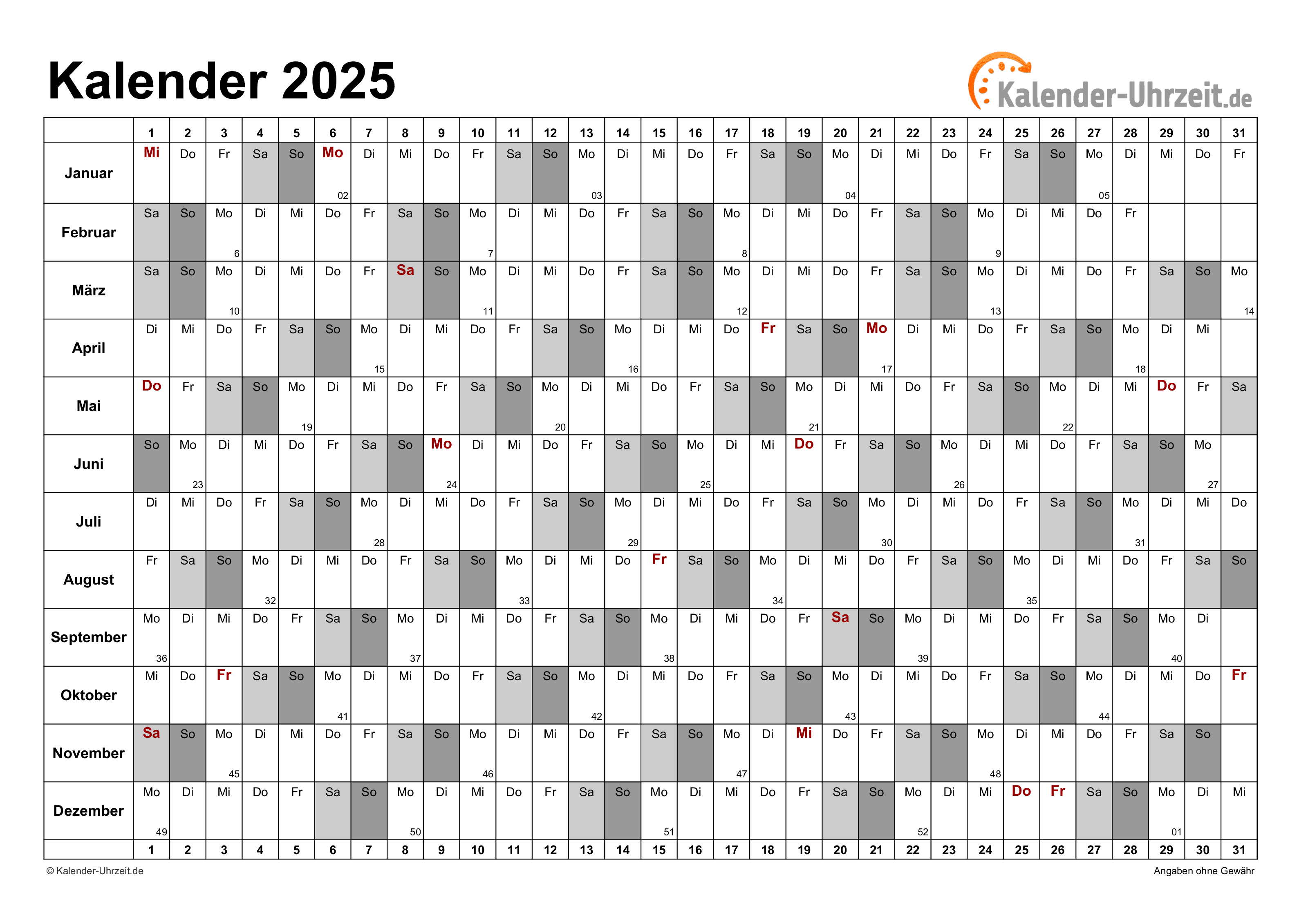 Jahreskalender 2025 - PDF-Vorlage 6 Vorschau