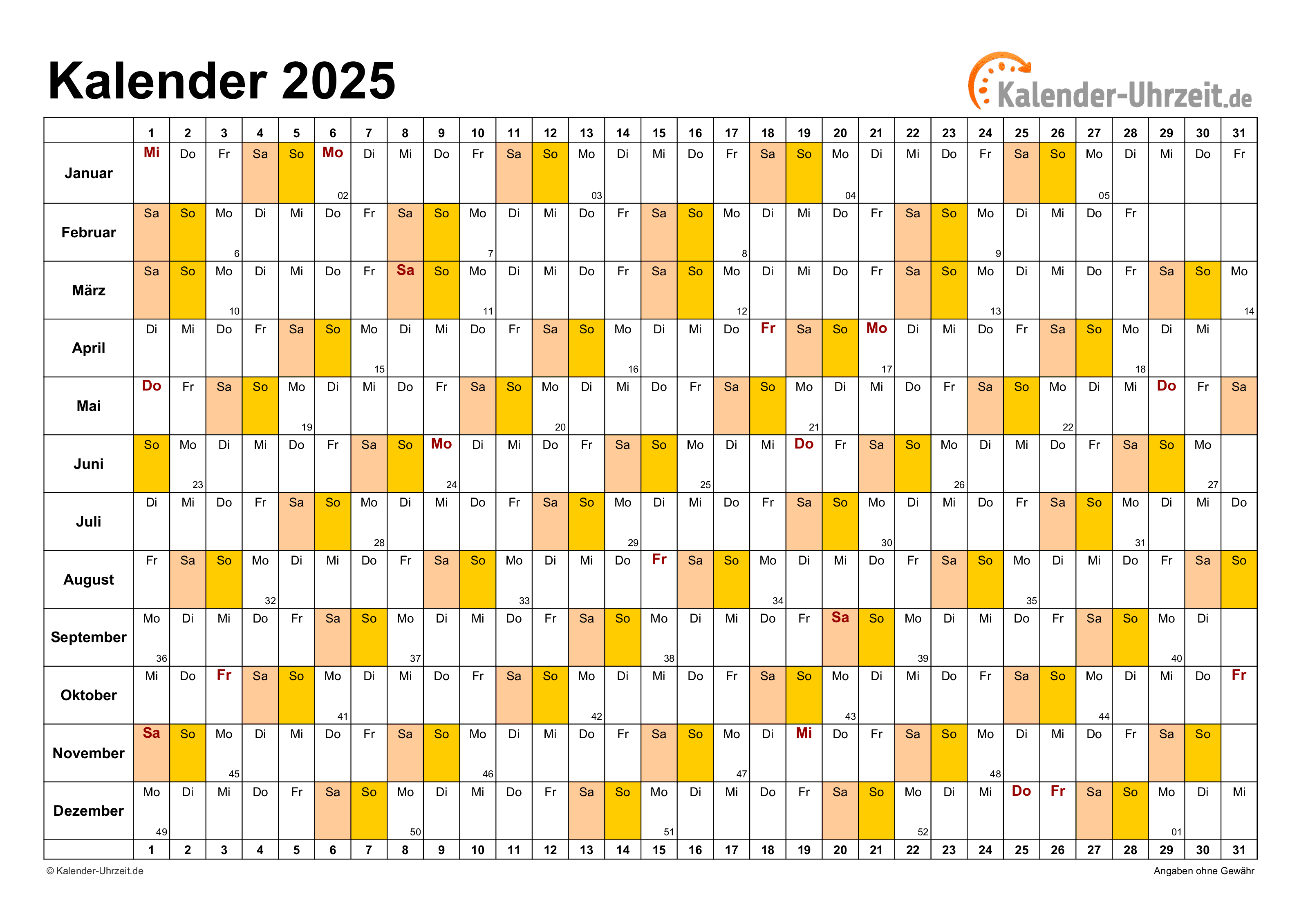 Jahreskalender 2025 - PDF-Vorlage 4 Vorschau