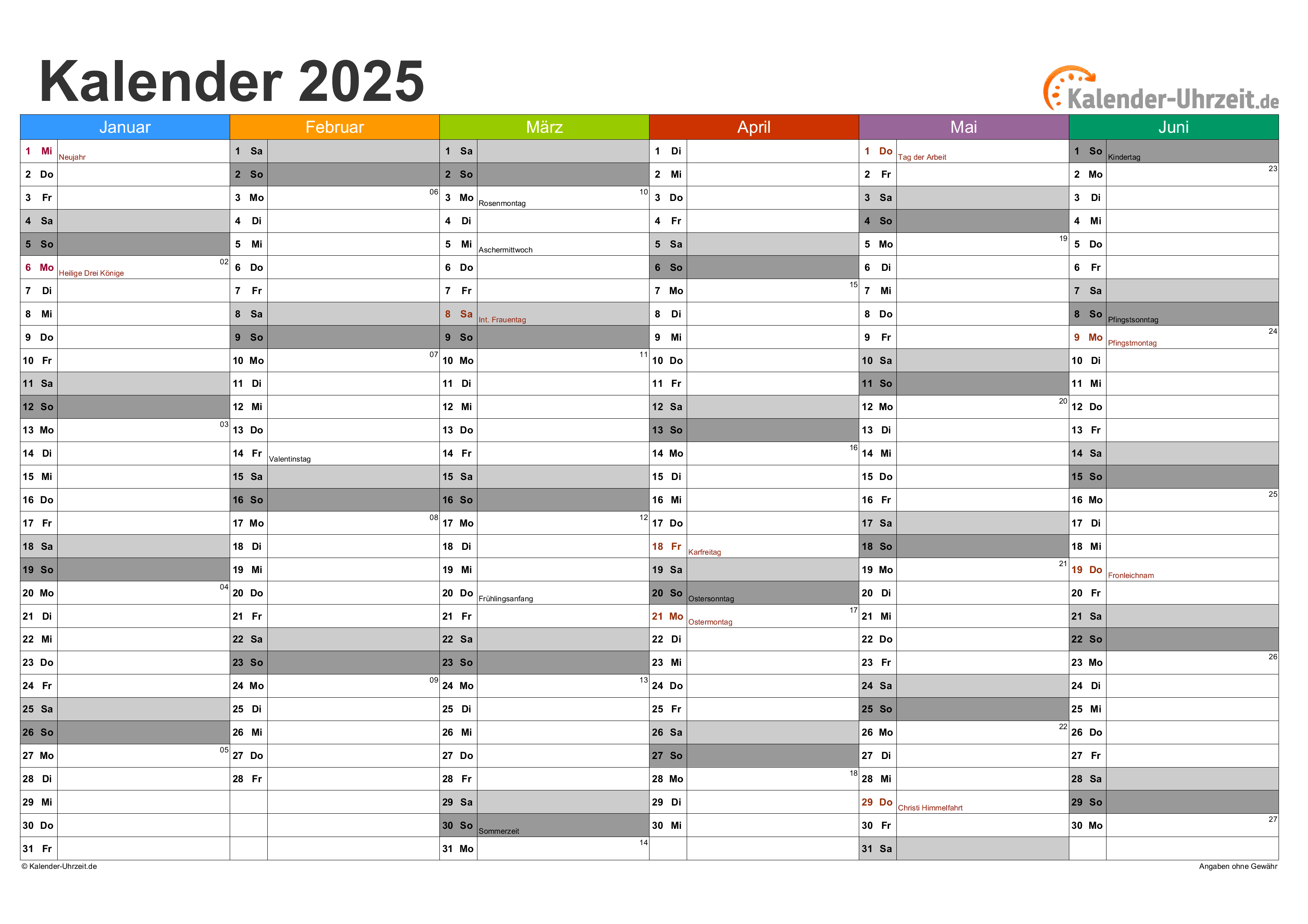 Halbjahreskalender 2025 - Excel-Vorlage 2 Vorschau