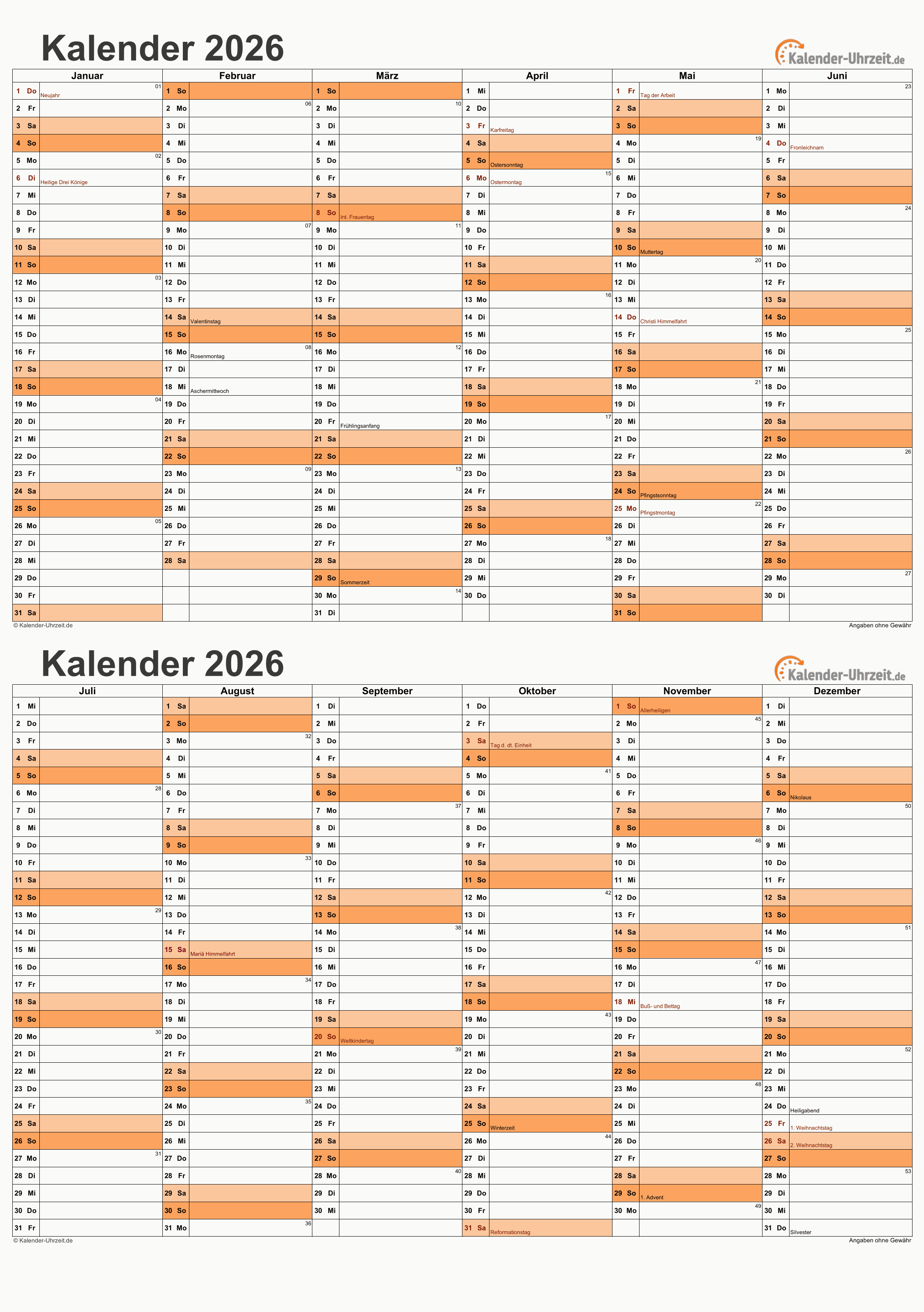 Kalender 2026 A5-Excel-Vorlage 1 Vorschau