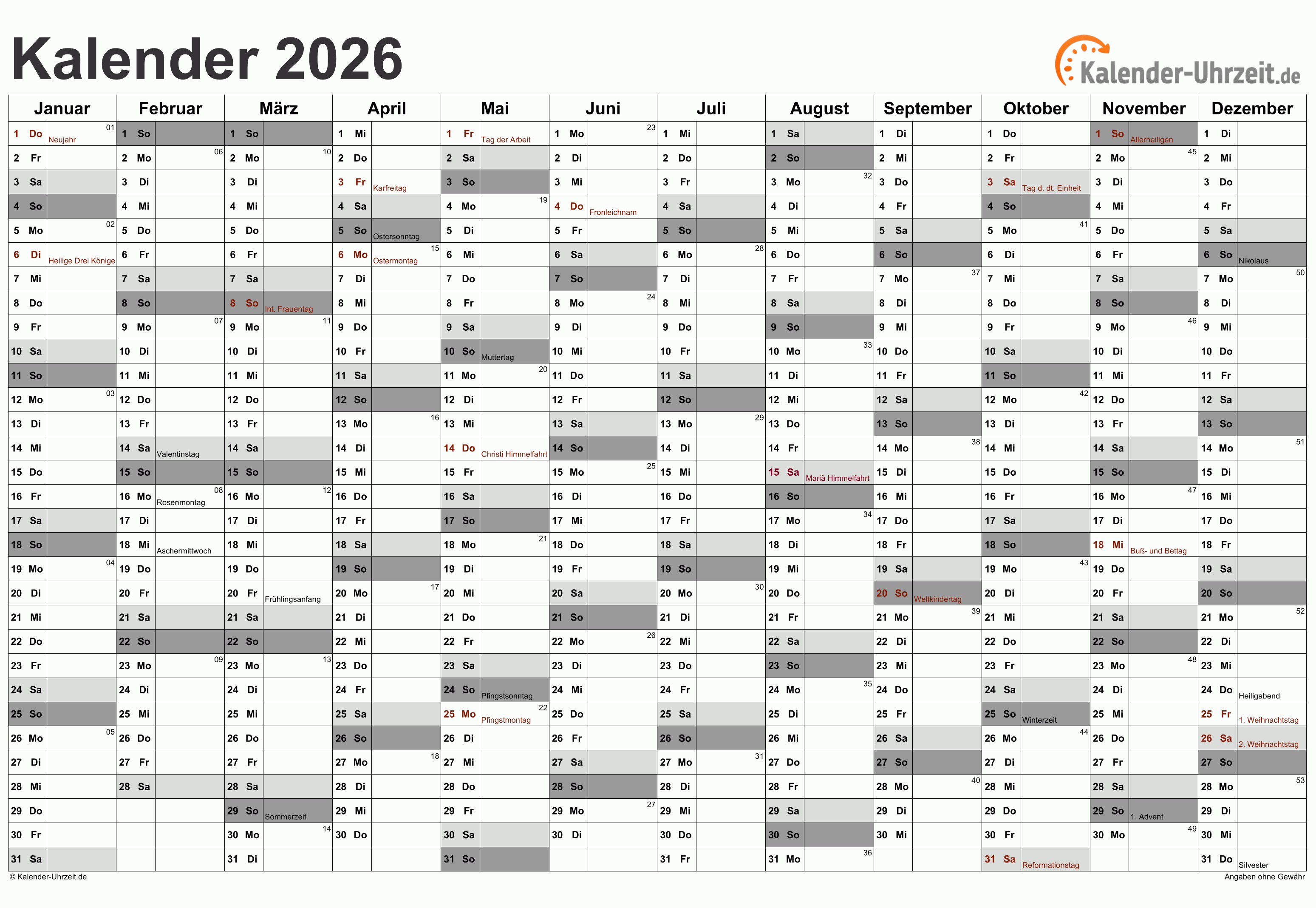 Jahreskalender 2026 - PDF-Vorlage 3 Vorschau