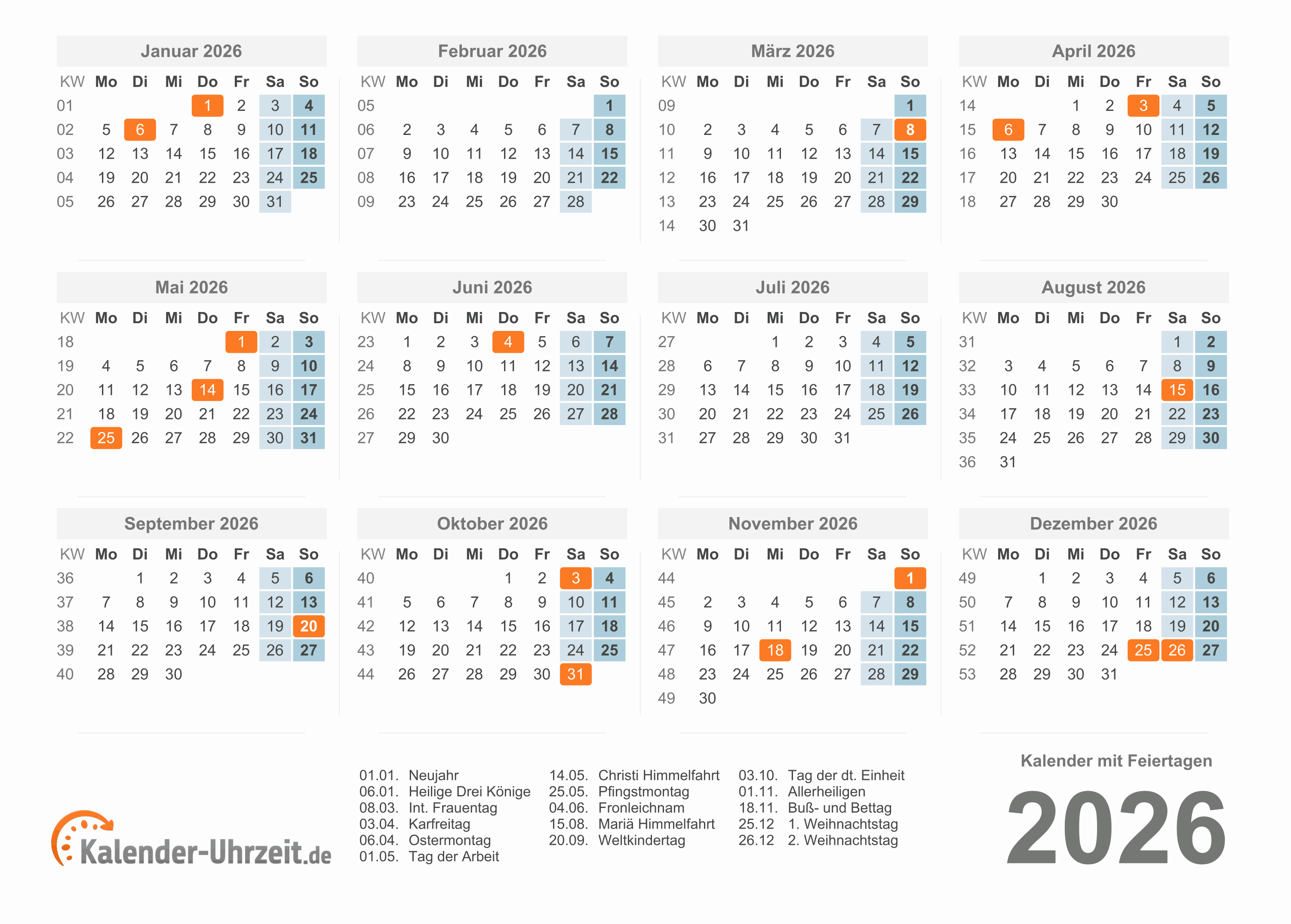 Kalender 2026 mit Feiertagen - PDF-Vorlage 1 Vorschau