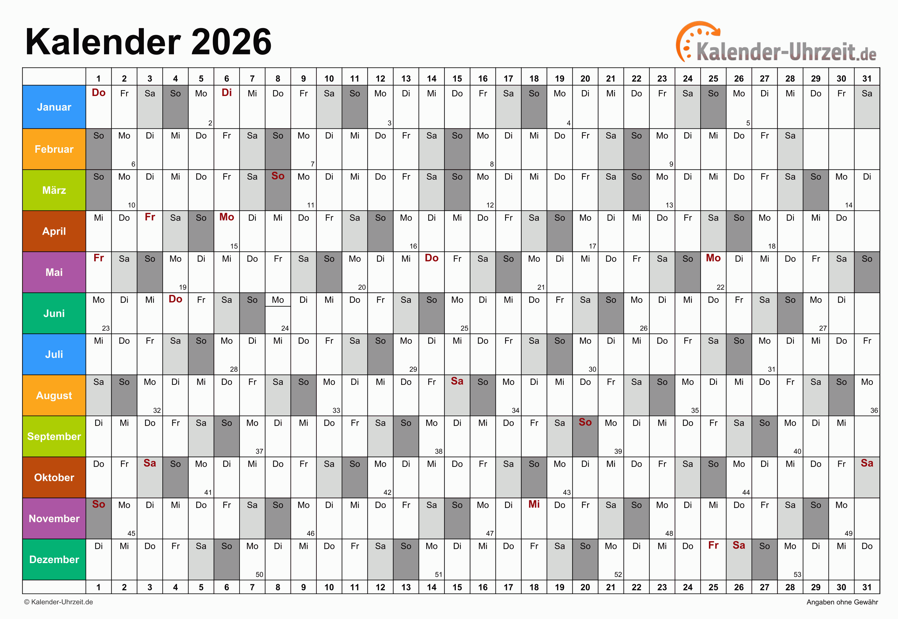 Jahreskalender 2026 - PDF-Vorlage 5 Vorschau