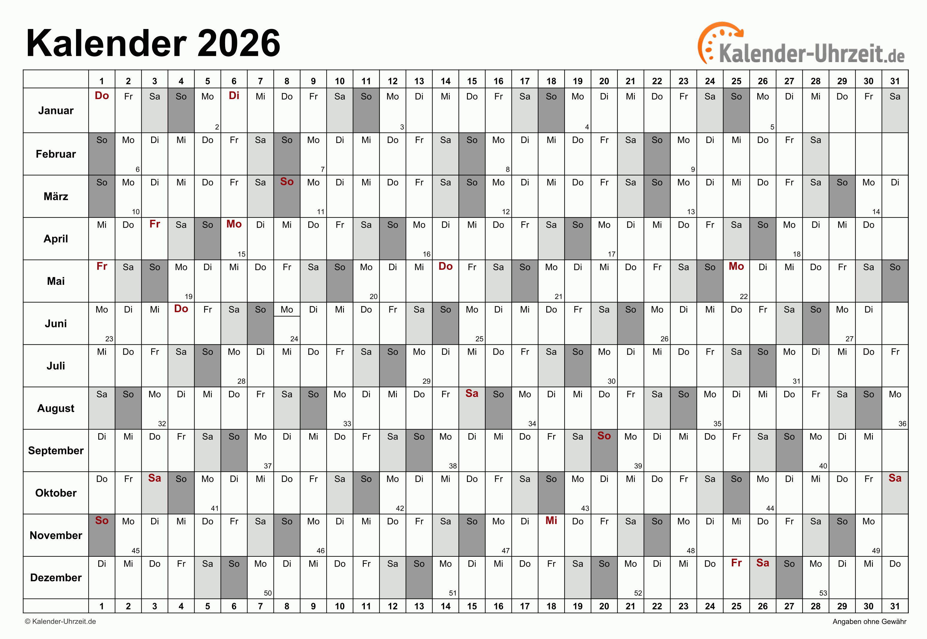Jahreskalender 2026 - Excel-Vorlage 6 Vorschau