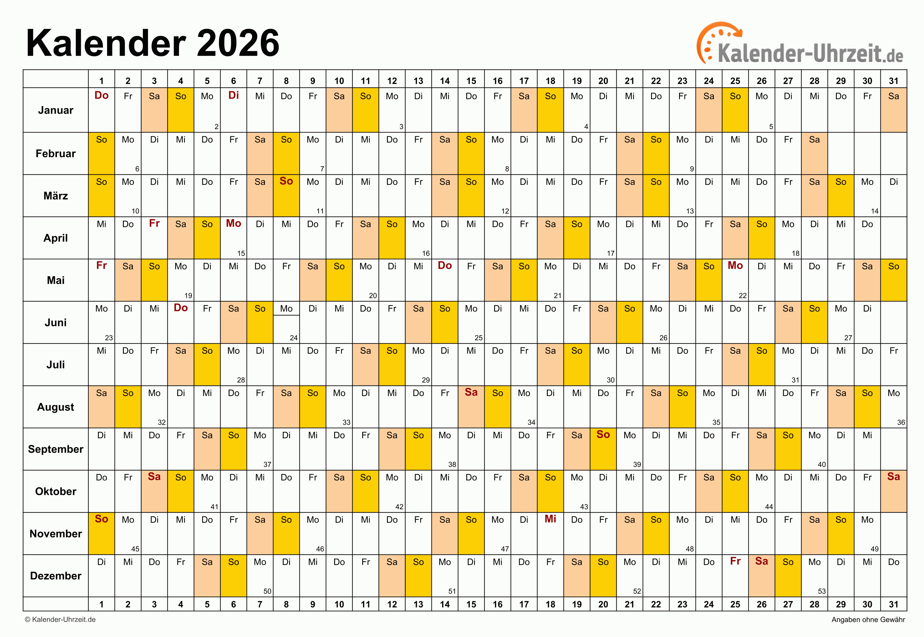Jahreskalender 2026 - Excel-Vorlage 4 Vorschau