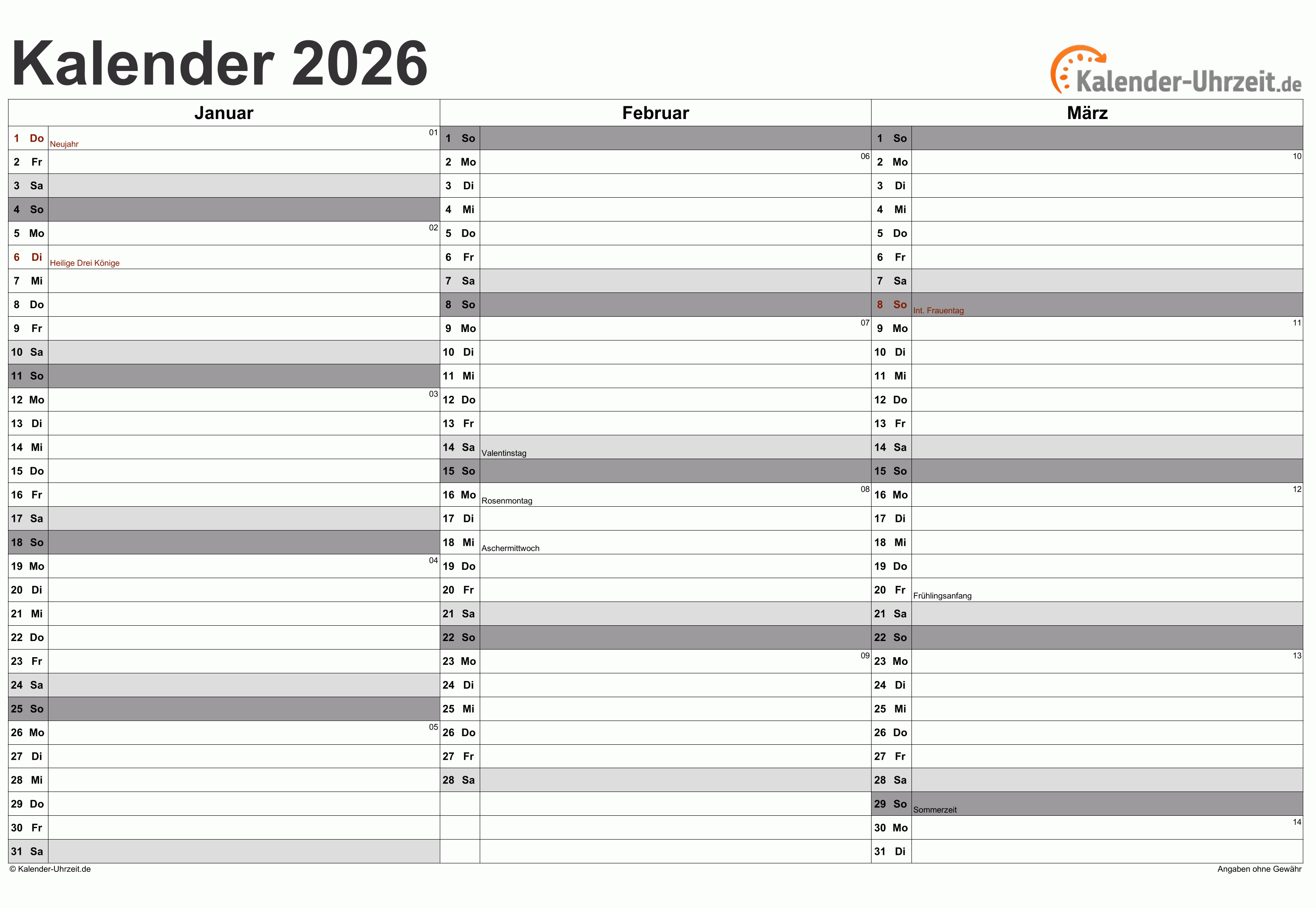 Quartalskalender 2026 - Excel-Vorlage 3 Vorschau