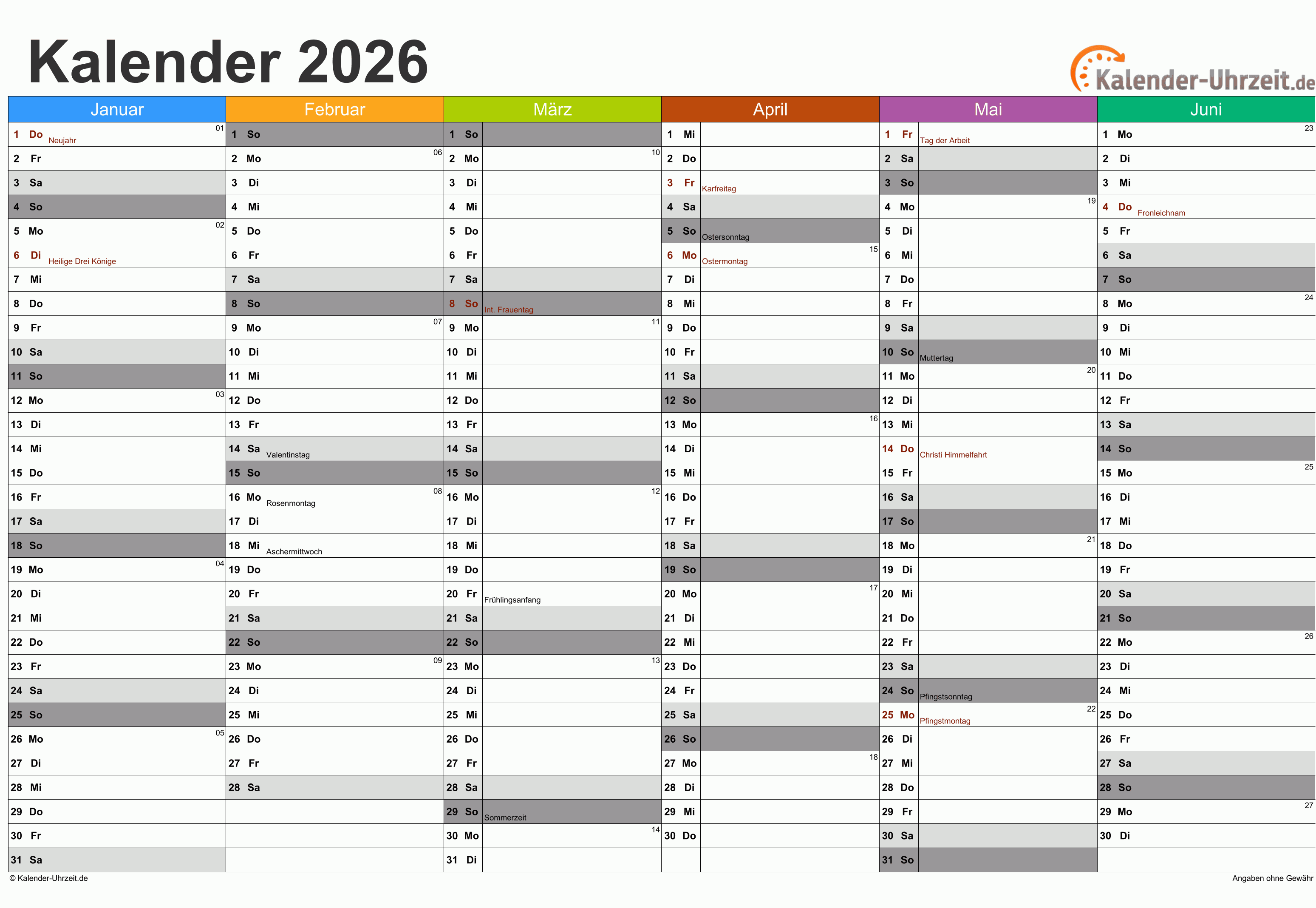 Halbjahreskalender 2026 - Excel-Vorlage 2 Vorschau