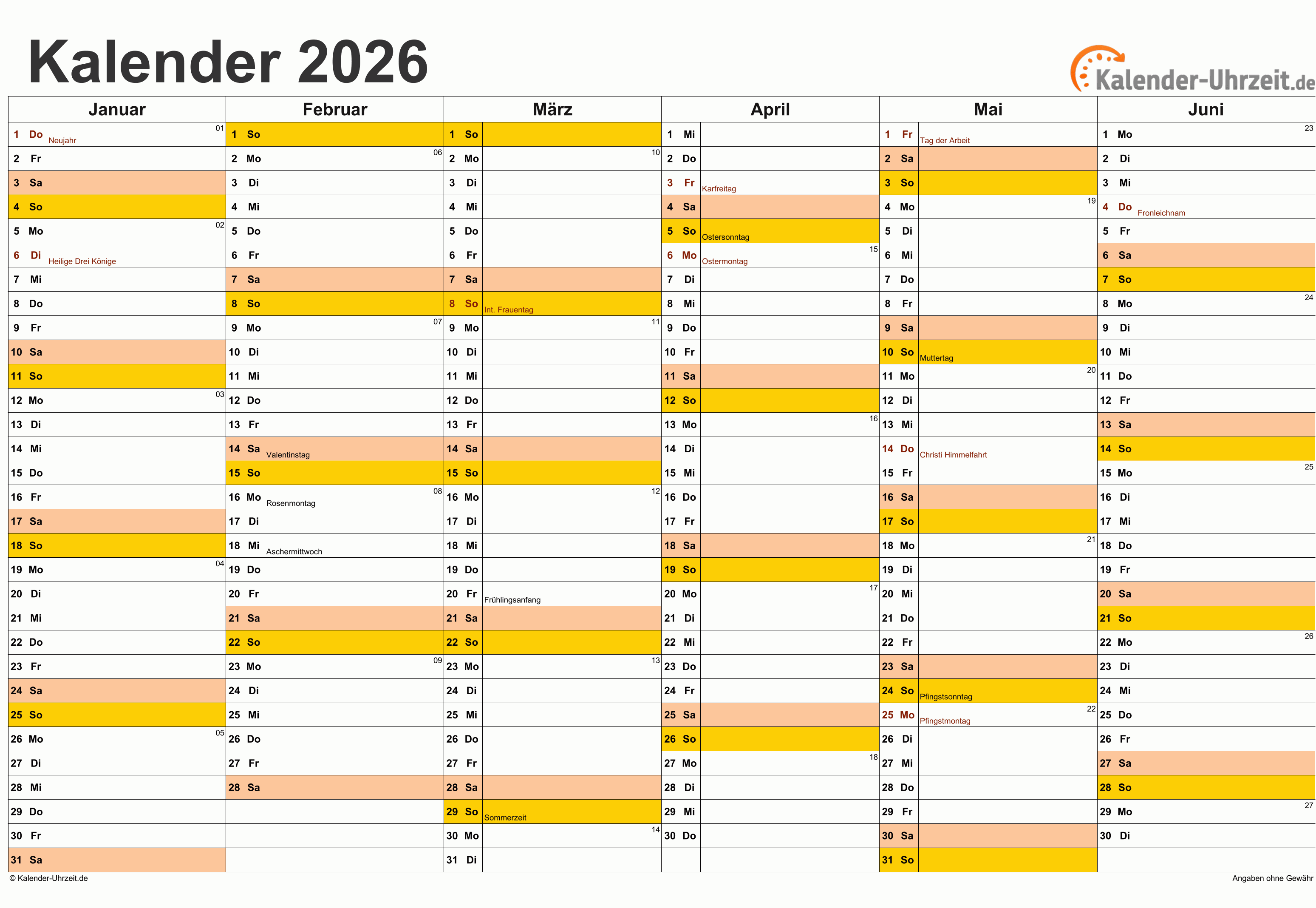 Halbjahreskalender 2026Vorlage