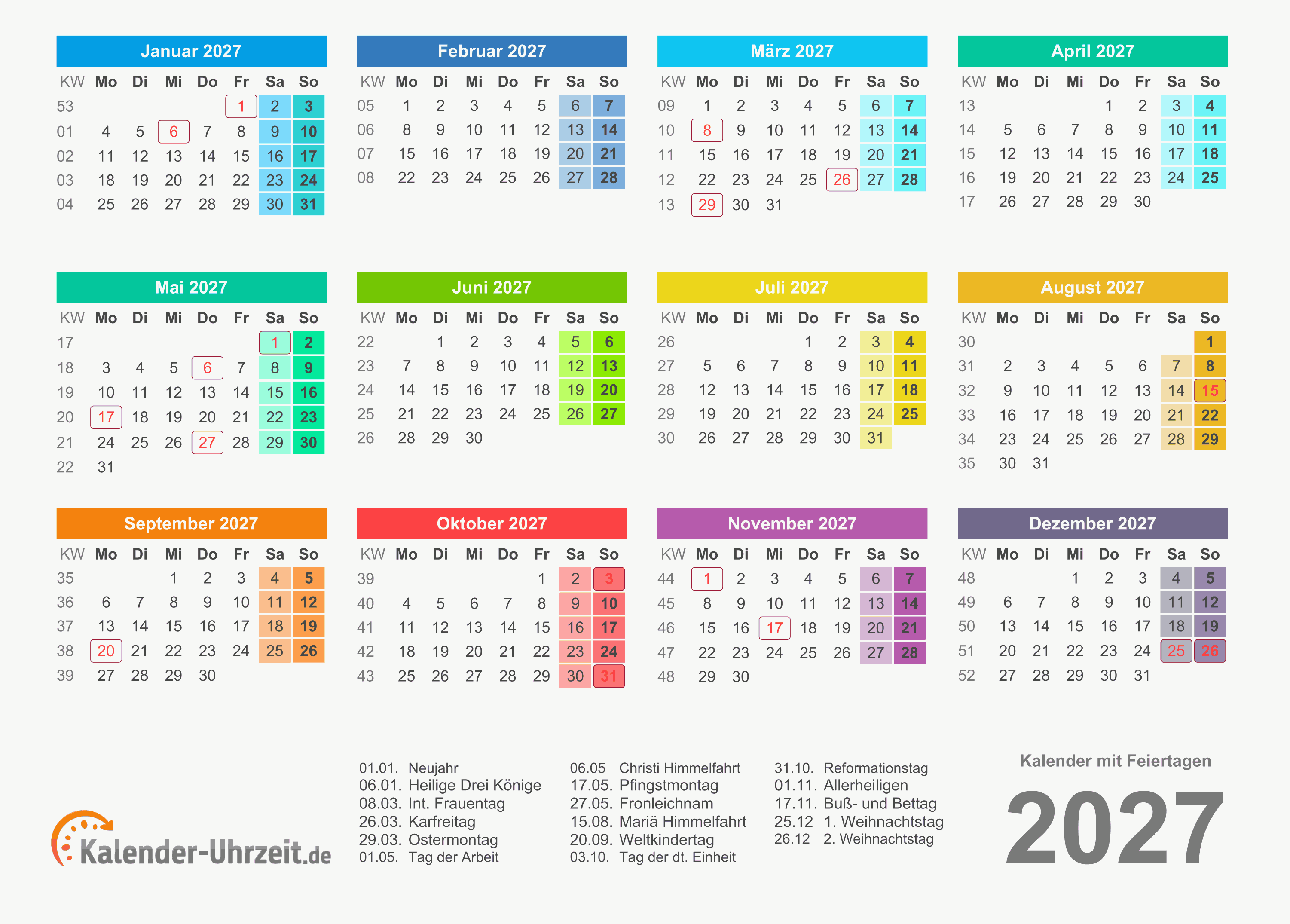 Kalender 2027 Mit Feiertagen
