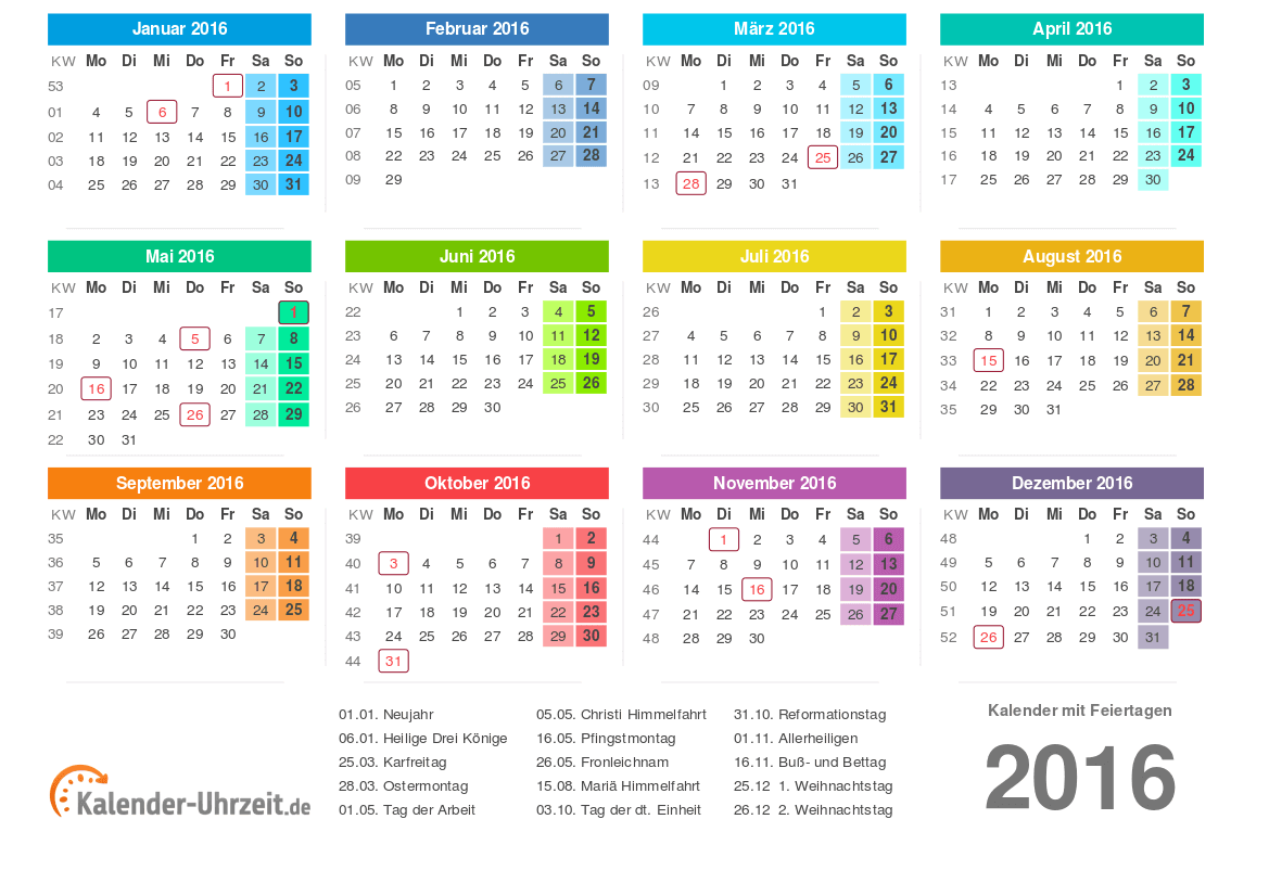 Kalender 2016 mit Feiertage-Übersicht zum Ausdrucken Vorlage 2