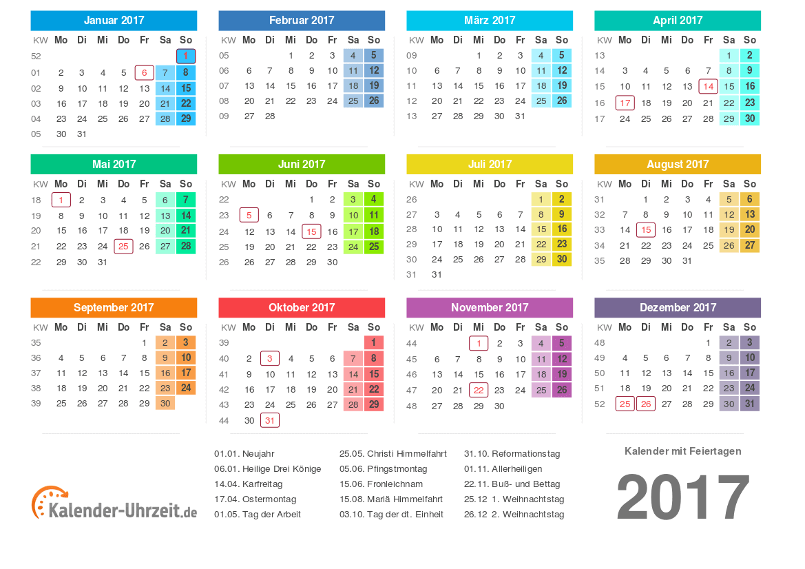 Kalender 2017 mit Feiertage-Übersicht zum Ausdrucken Vorlage 2