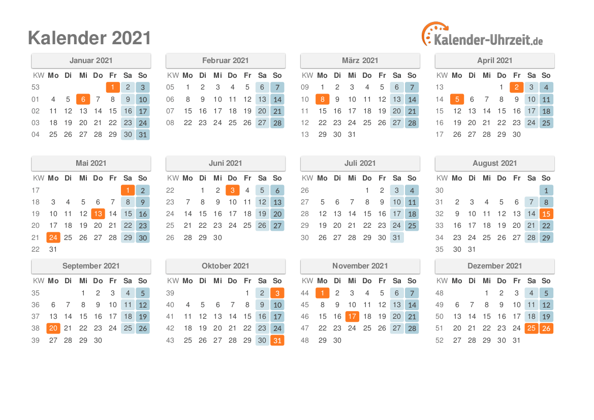 Kalender 2021 mit Feiertagen