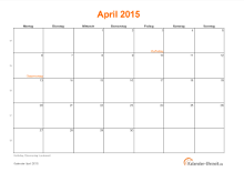 Kalender April 2015 mit Feiertagen