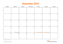 Kalender Dezember 2015 mit Feiertagen