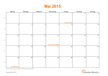 Kalender Mai 2015 mit Feiertagen