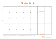 Kalender Oktober 2015 mit Feiertagen