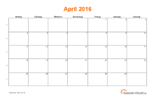 Kalender April 2016 mit Feiertagen