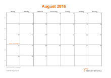 Kalender August 2016 mit Feiertagen