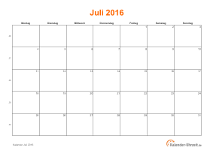 Kalender Juli 2016 mit Feiertagen