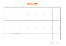Kalender Juni 2016 mit Feiertagen