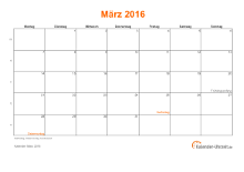 Kalender März 2016 mit Feiertagen