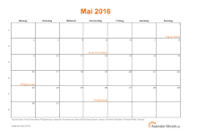Kalender Mai 2016 mit Feiertagen