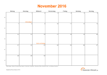 Kalender November 2016 mit Feiertagen