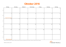 Kalender Oktober 2016 mit Feiertagen
