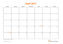 Kalender April 2017 mit Feiertagen