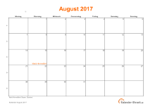 Kalender August 2017 mit Feiertagen