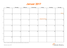 Kalender Januar 2017 mit Feiertagen