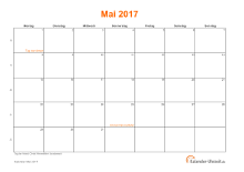 Kalender Mai 2017 mit Feiertagen