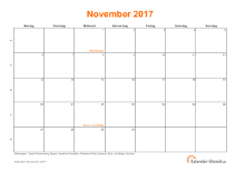 Kalender November 2017 zum Ausdrucken Kalender November 2017 mit Feiertagen