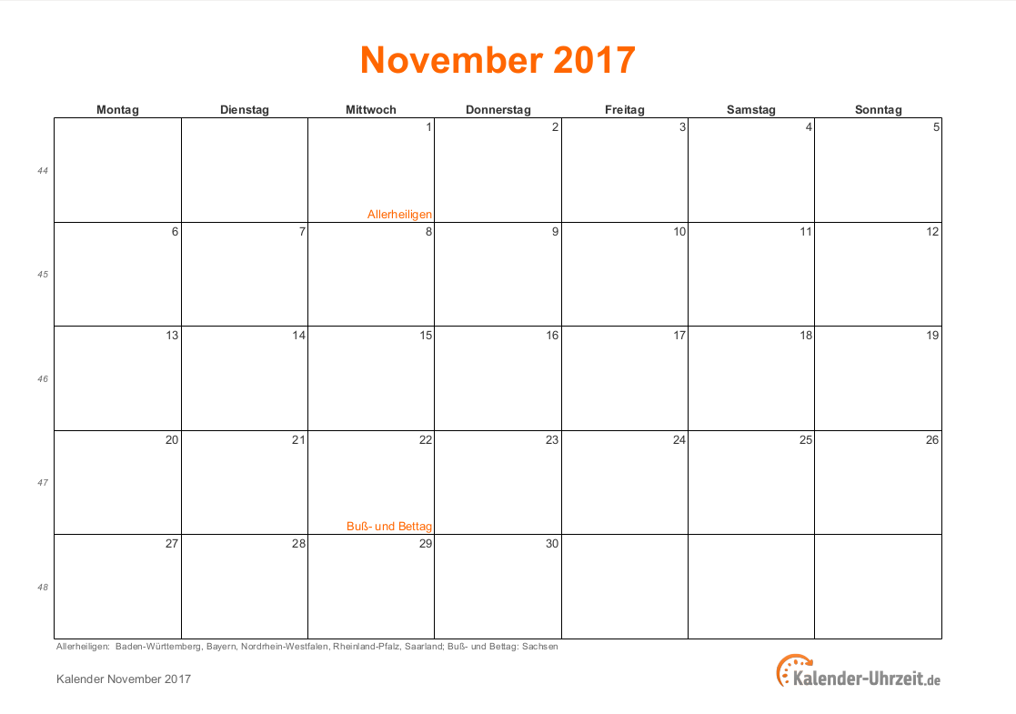 November 2017 mit Feiertagen