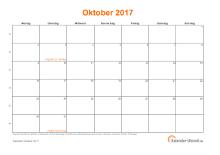 Kalender Oktober 2017 mit Feiertagen