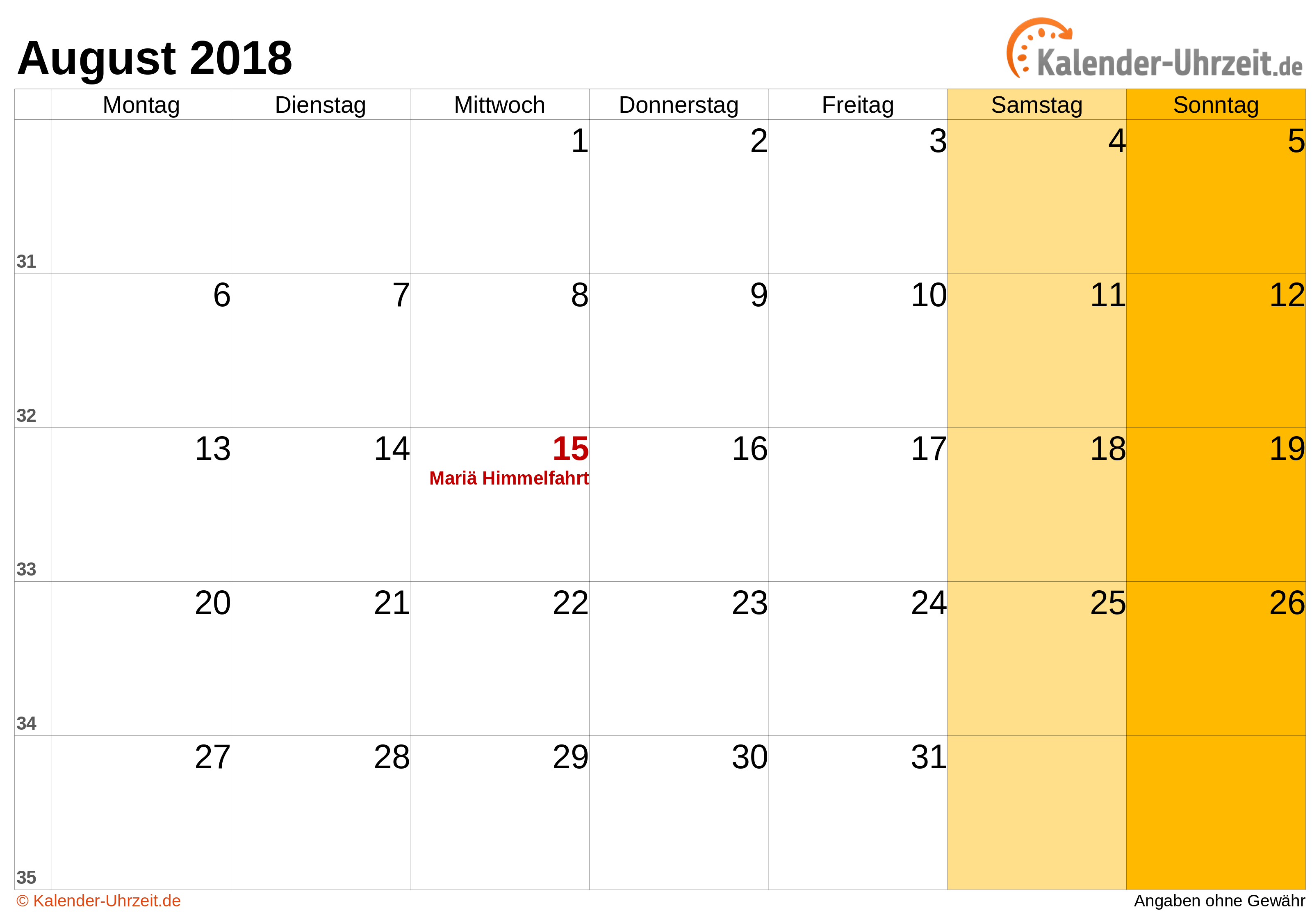 Kalender August 2018 mit Feiertagen