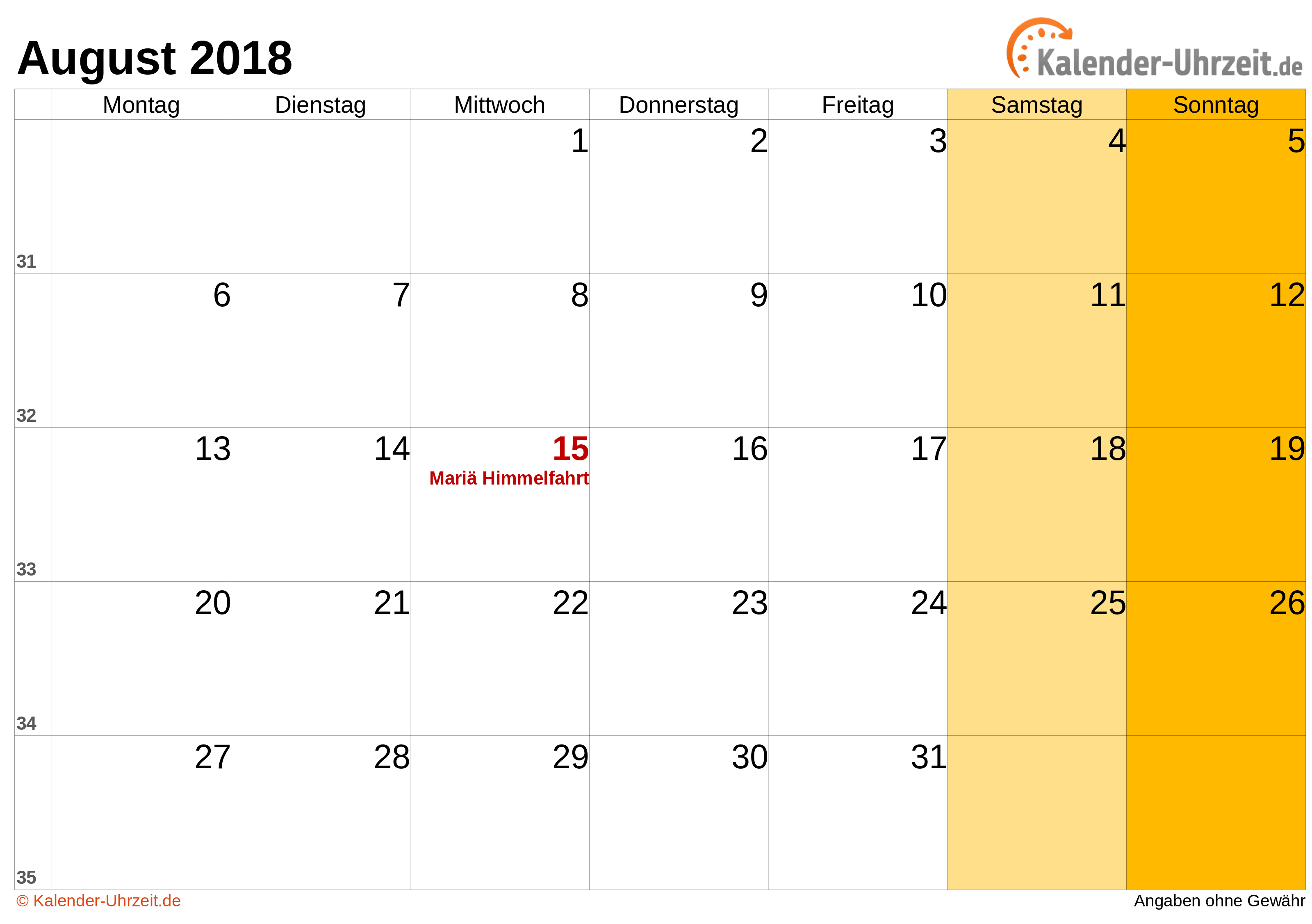 Kalender August 2018 zum Ausdrucken Kalender August 2018 mit Feiertagen