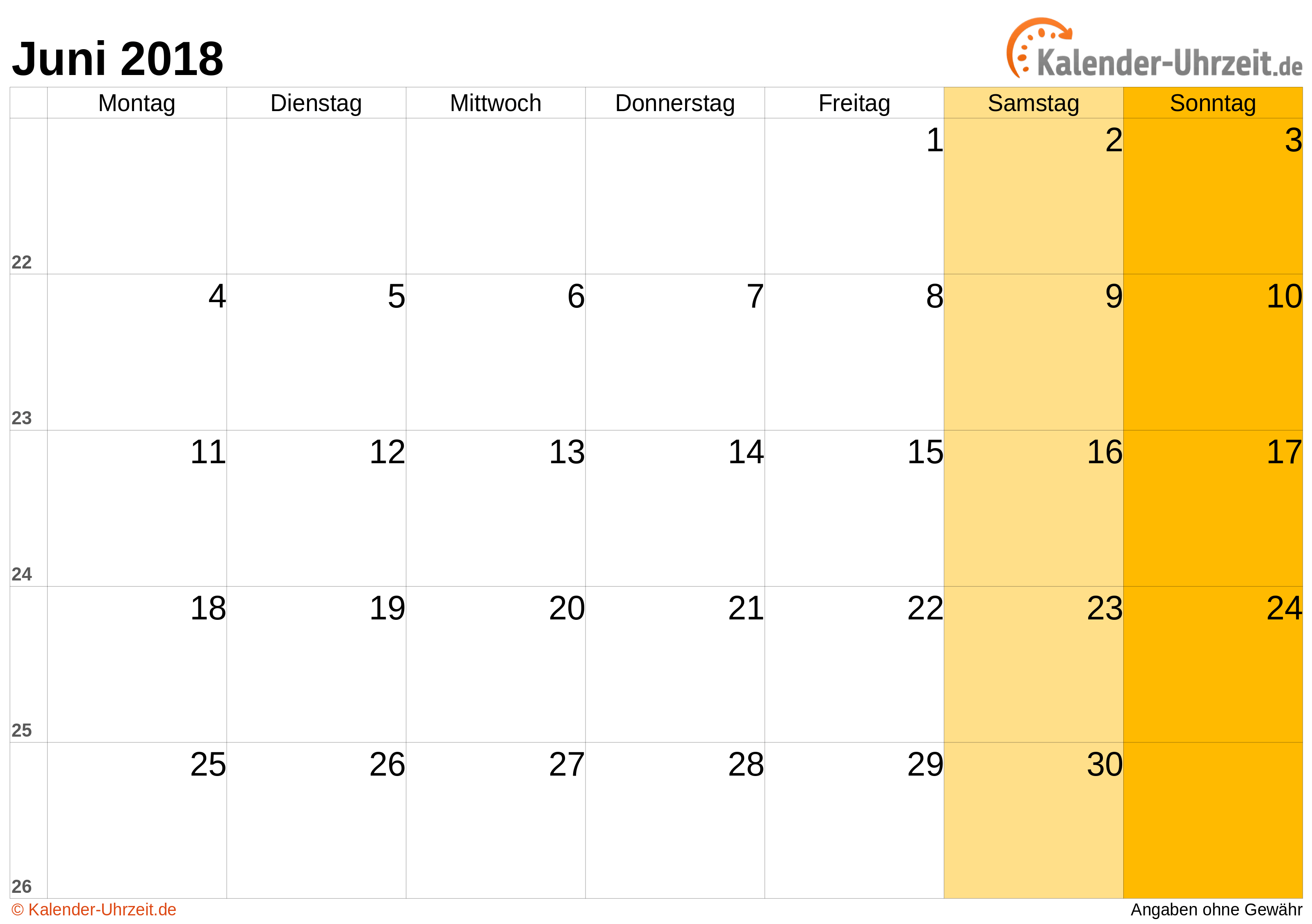 Kalender Juni 2018 mit Feiertagen