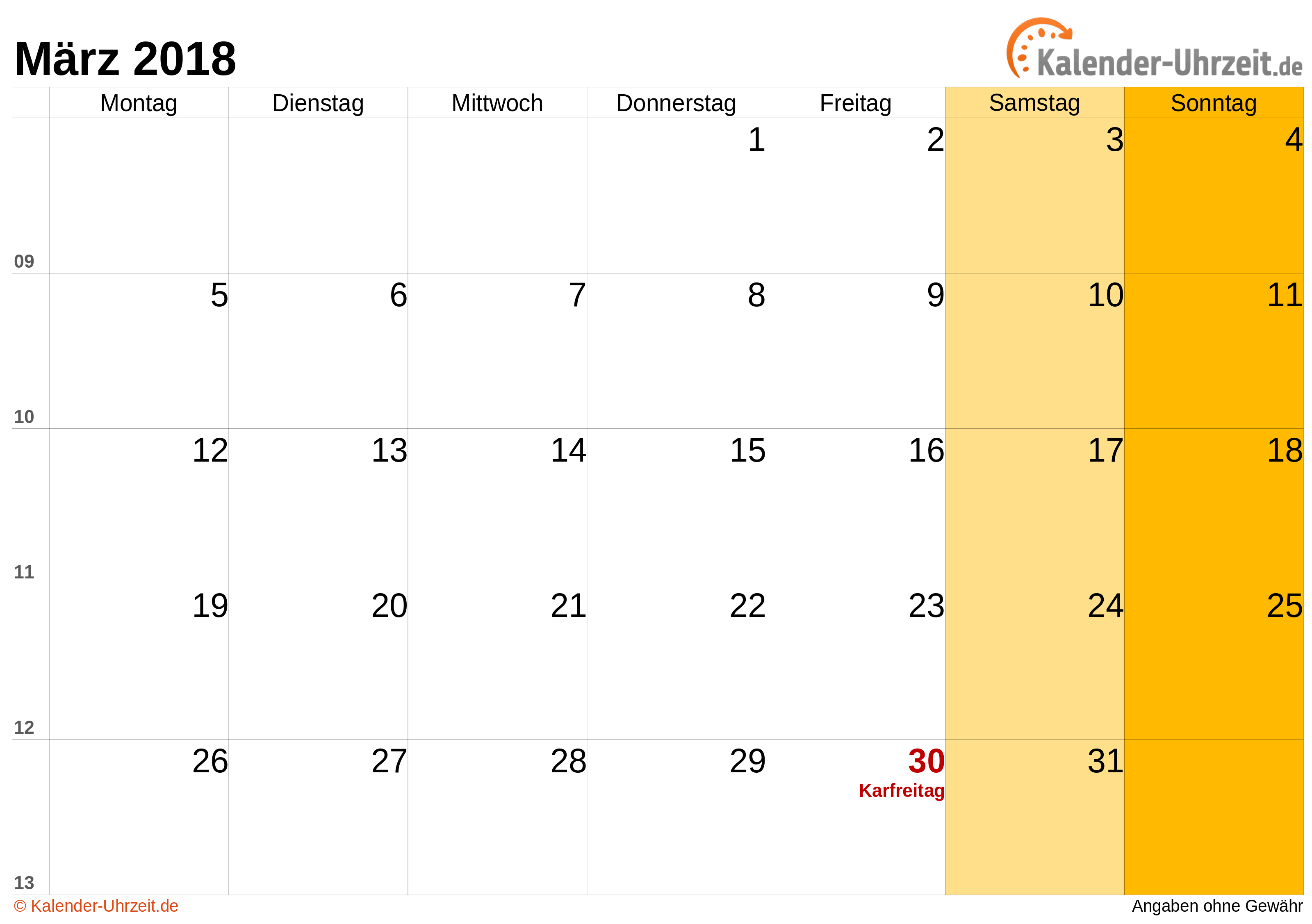 Kalender März 2018 mit Feiertagen