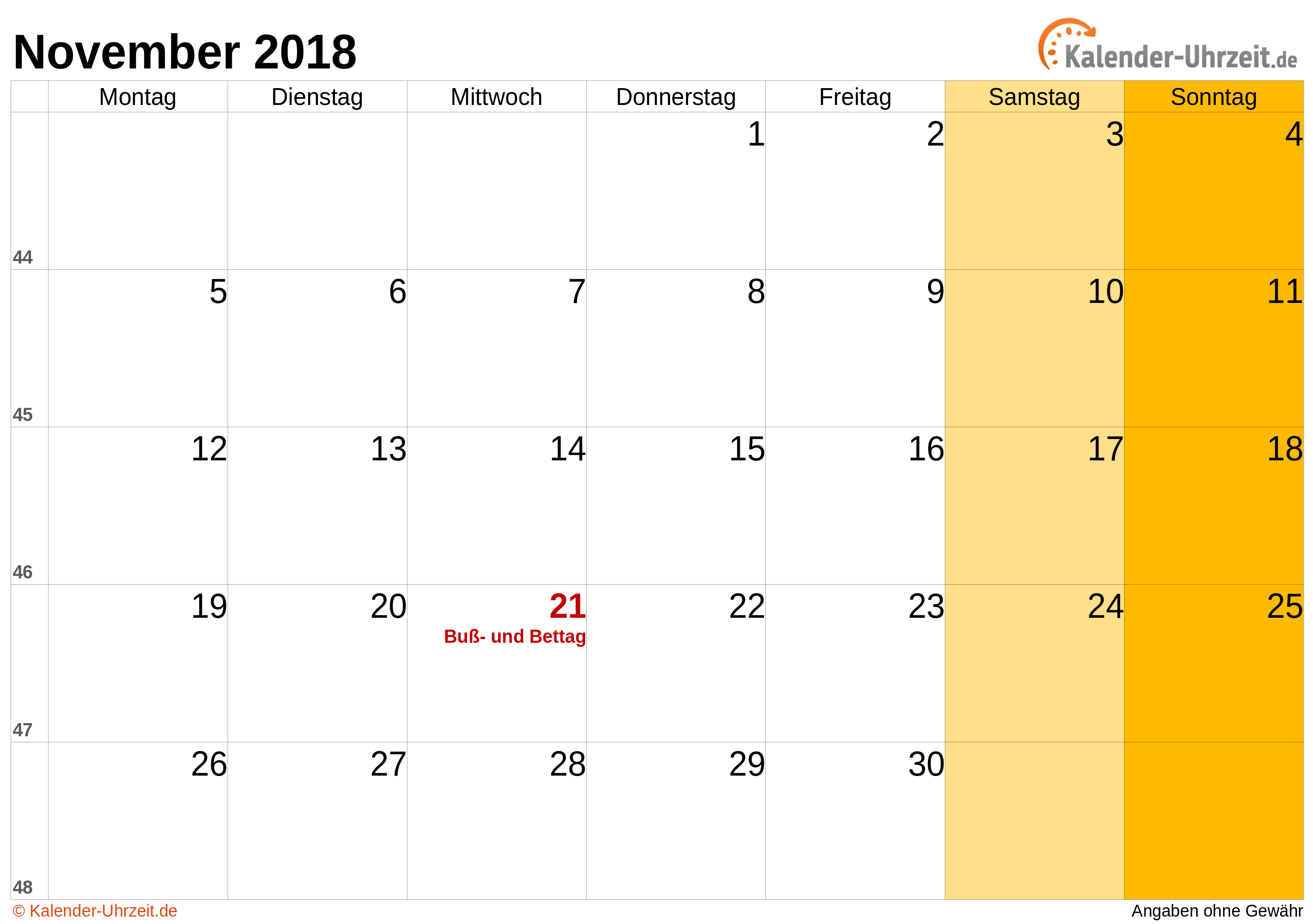 Kalender November 2018 mit Feiertagen