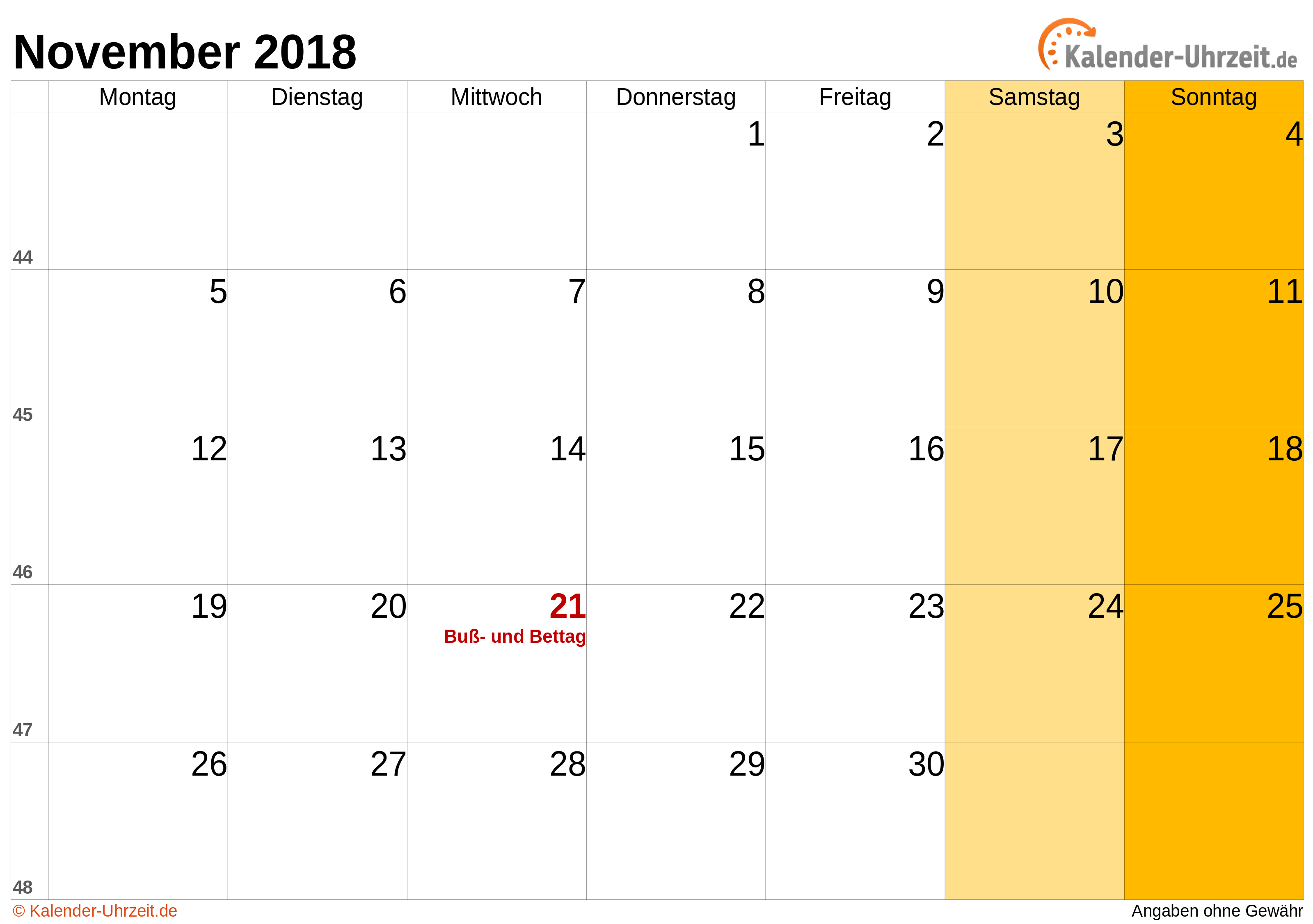 Kalender November 2018 zum Ausdrucken Kalender November 2018 mit Feiertagen