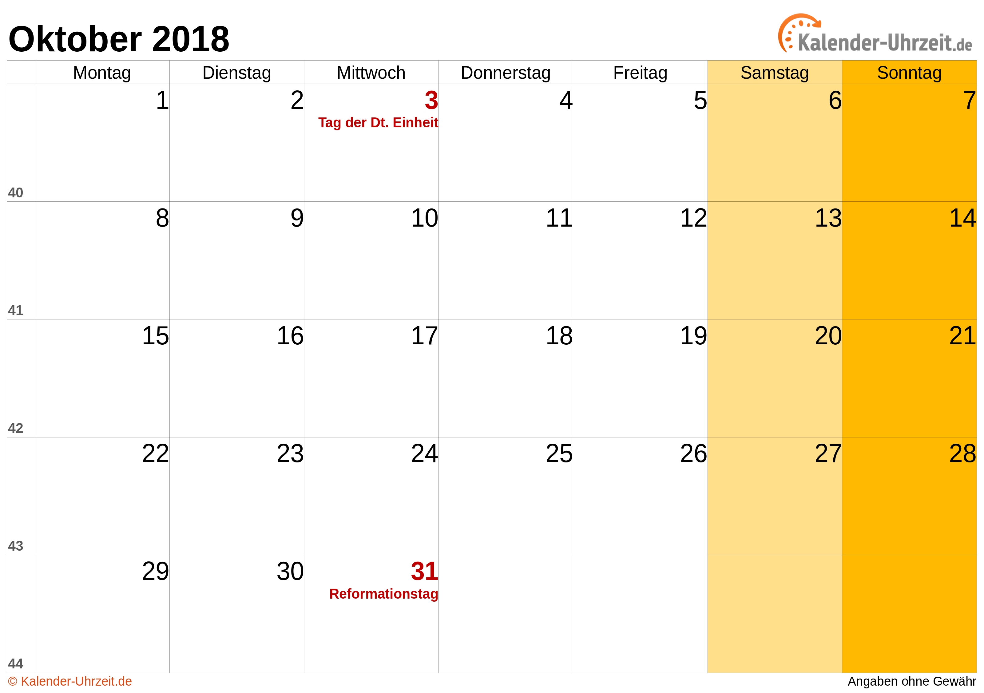 Kalender Oktober 2018 mit Feiertagen