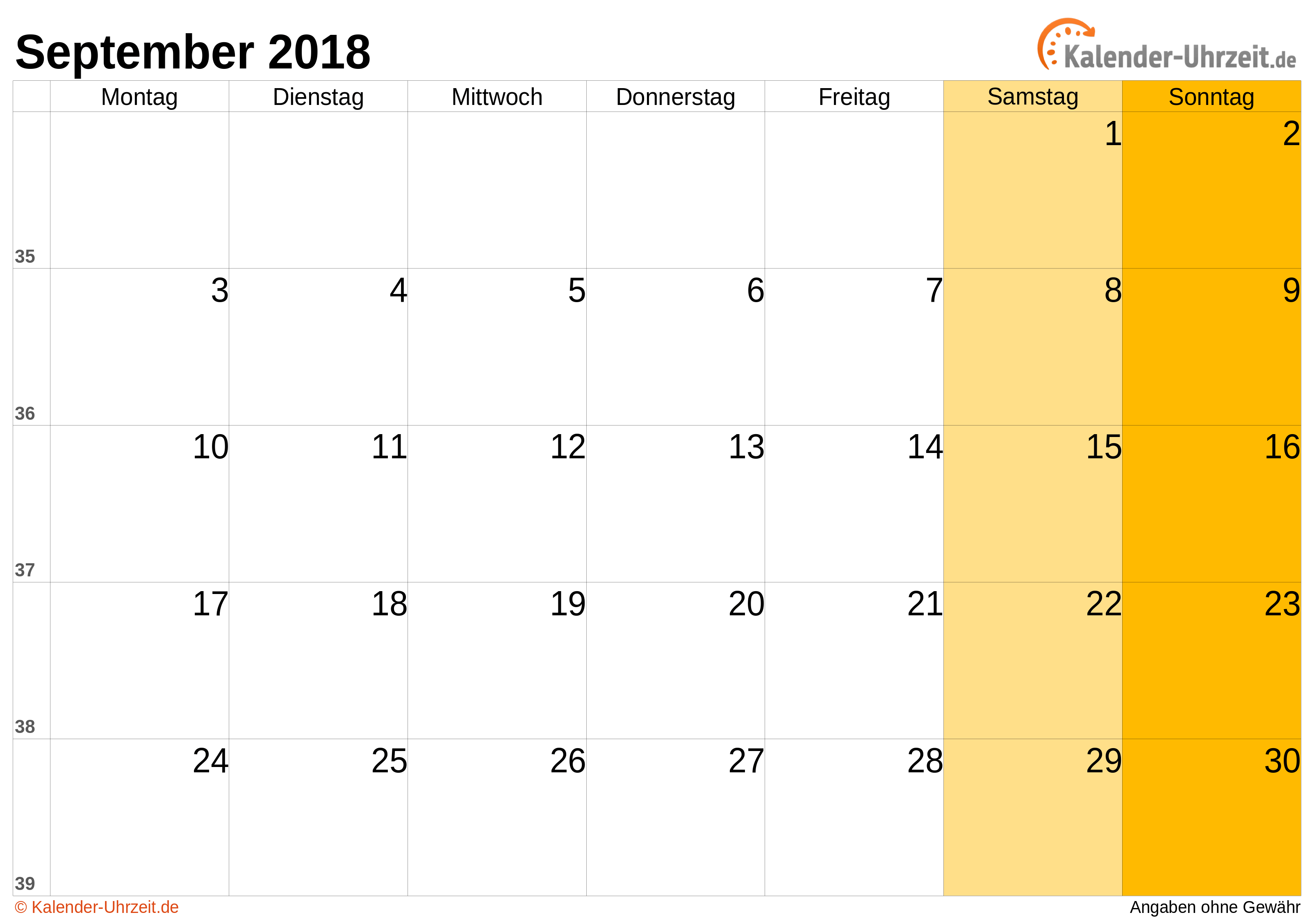 Kalender September 2018 zum Ausdrucken Kalender September 2018 mit Feiertagen