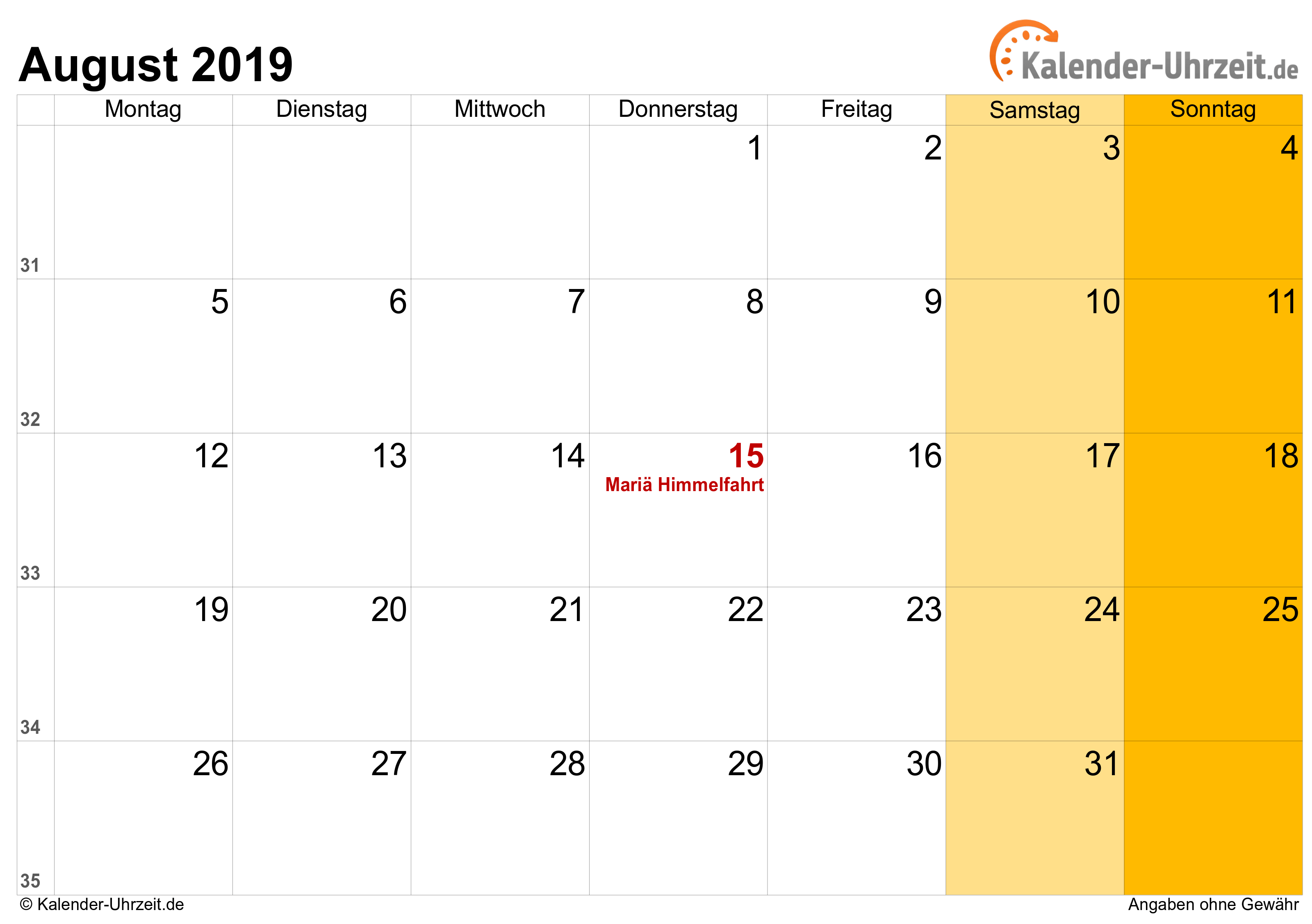 Kalender August 2019 mit Feiertagen
