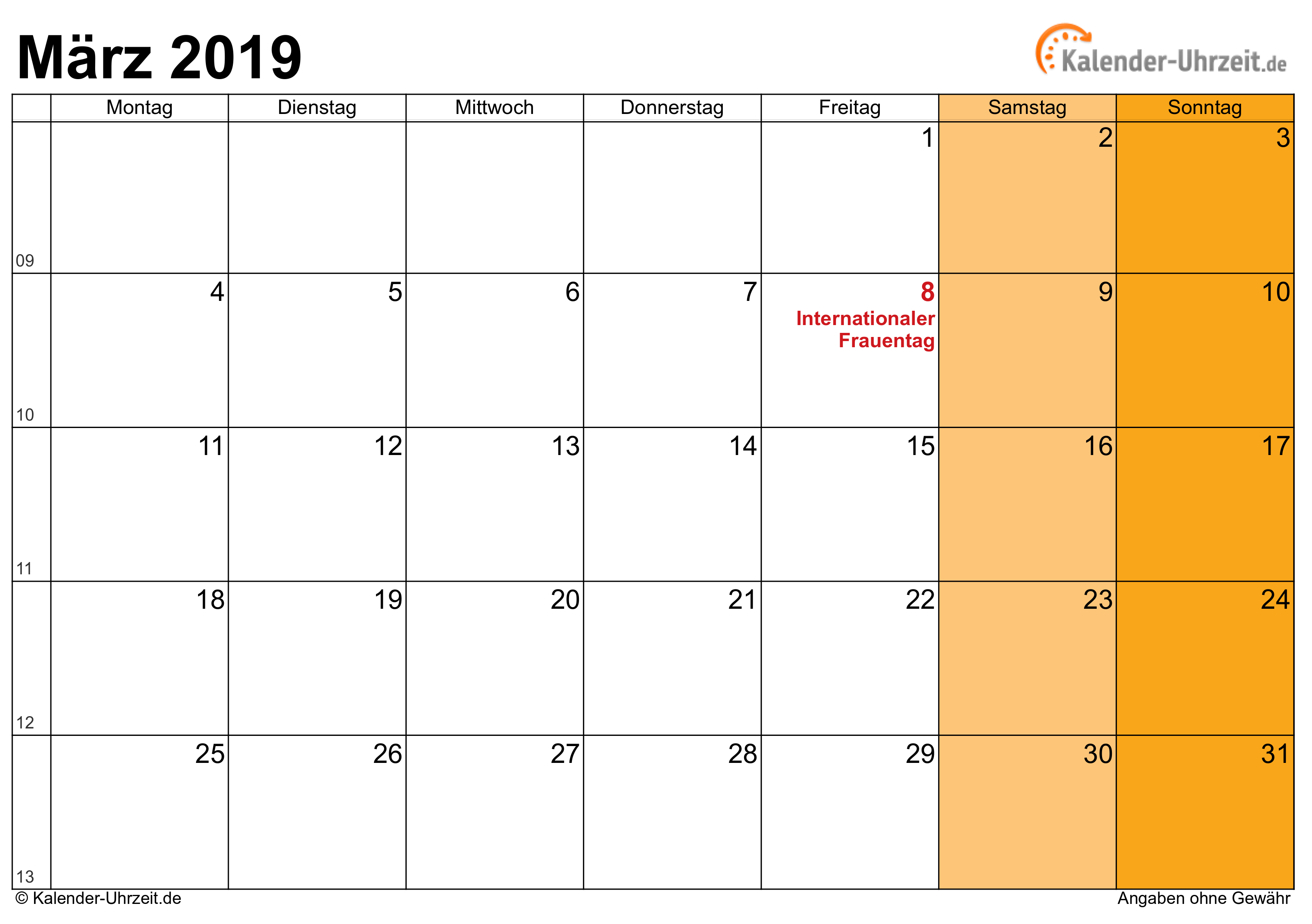 Kalender März 2019 zum Ausdrucken Kalender März 2019 mit Feiertagen