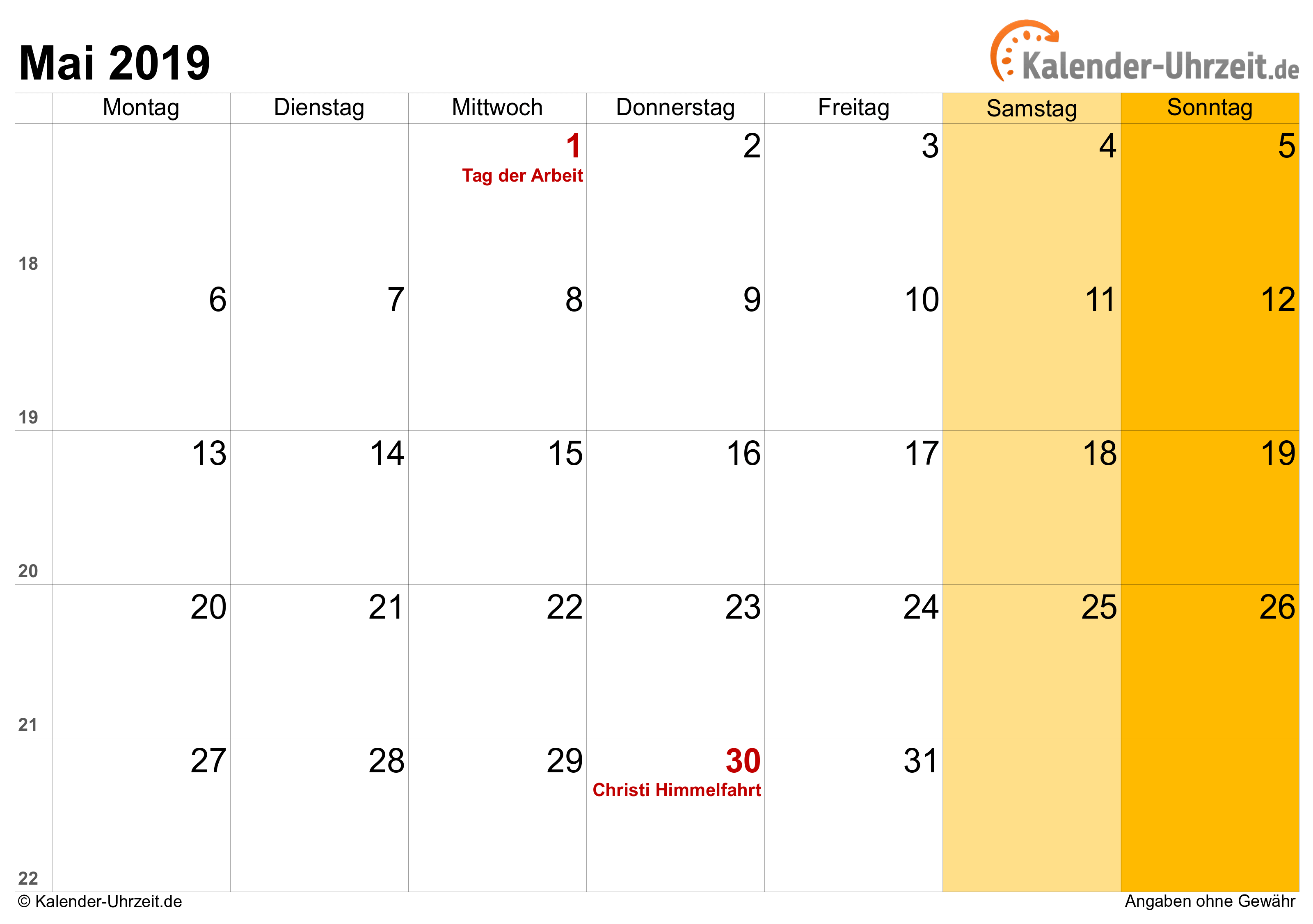 Kalender Mai 2019 mit Feiertagen