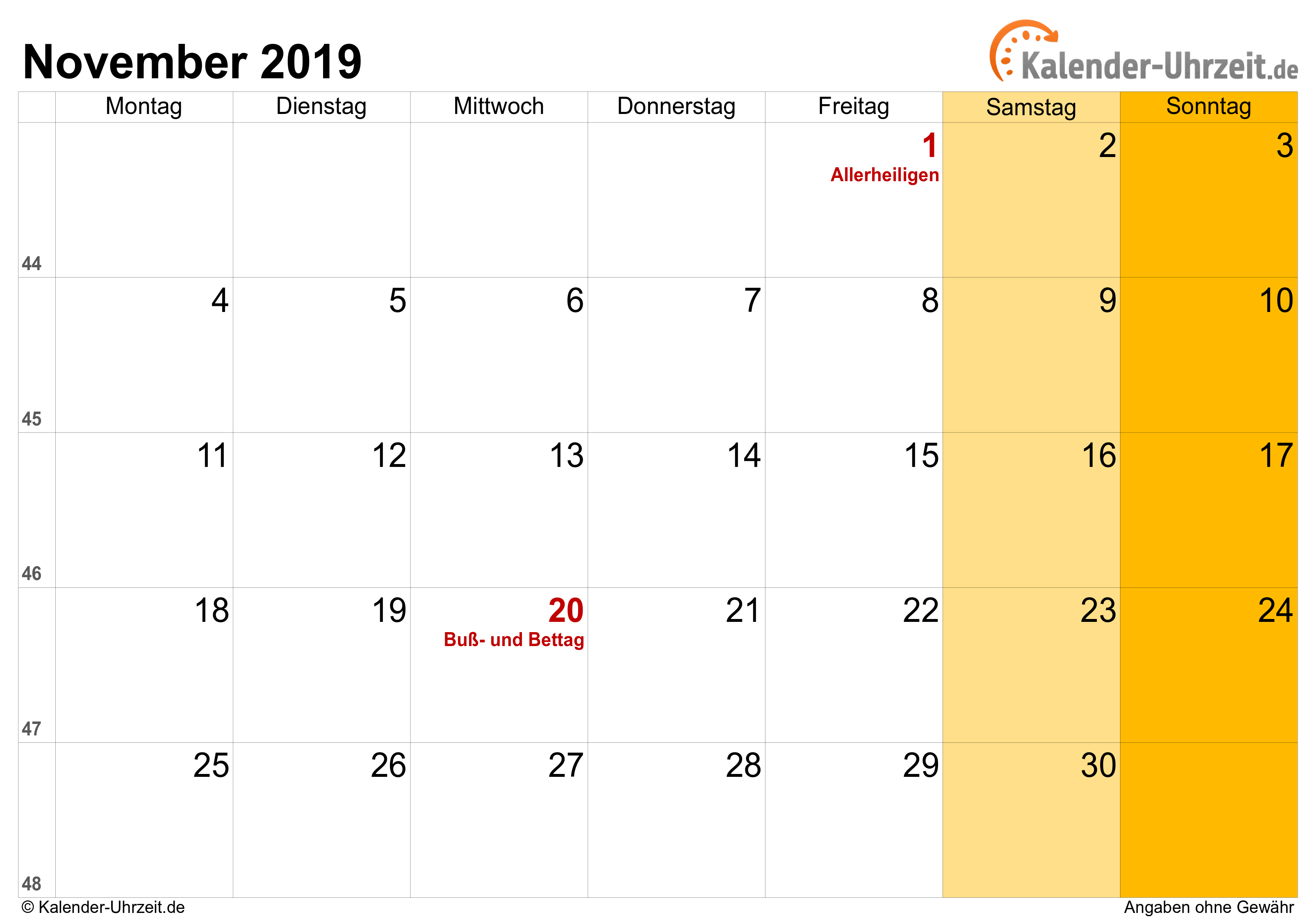Kalender November 2019 zum Ausdrucken Kalender November 2019 mit Feiertagen