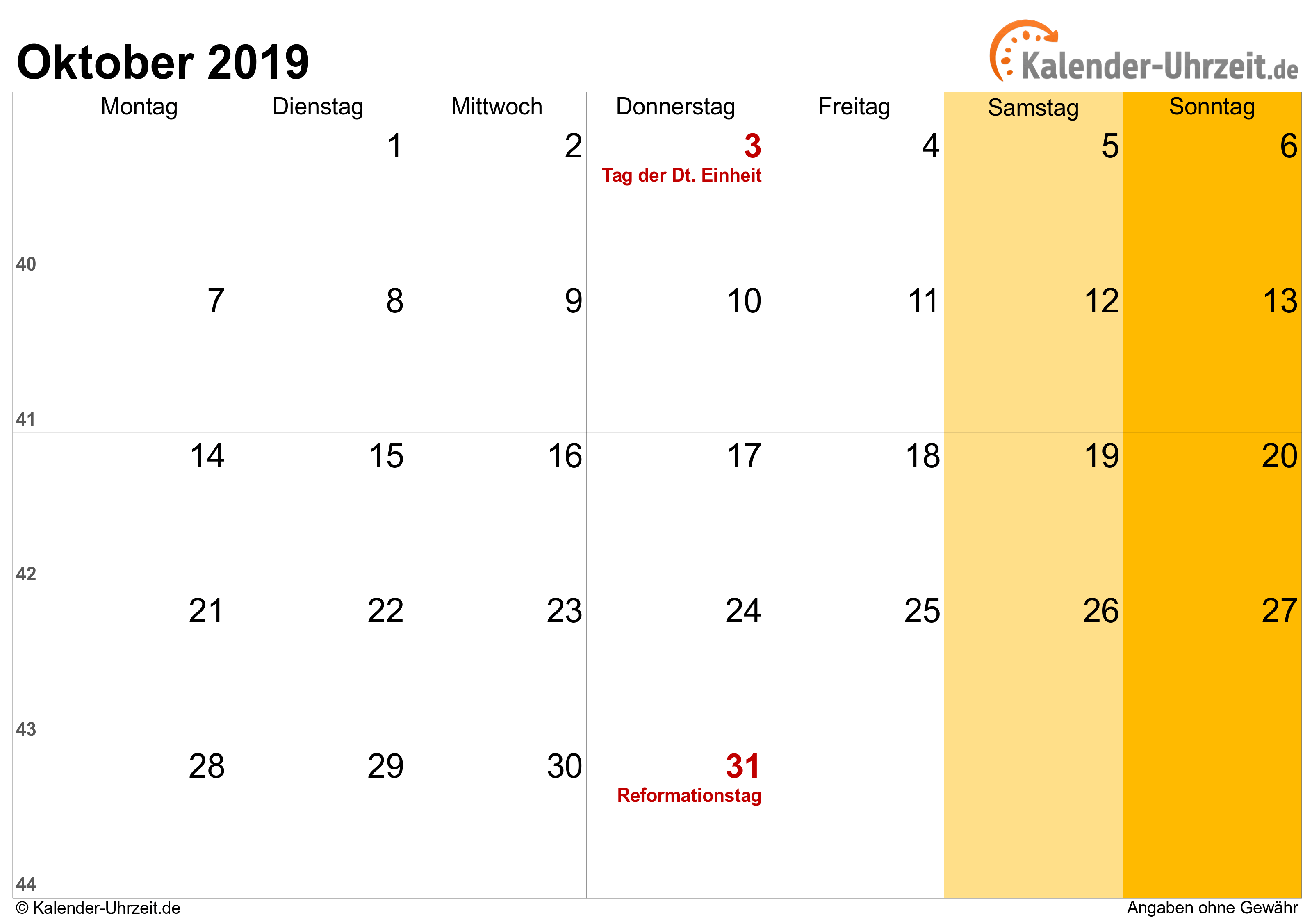 Kalender Oktober 2019 mit Feiertagen