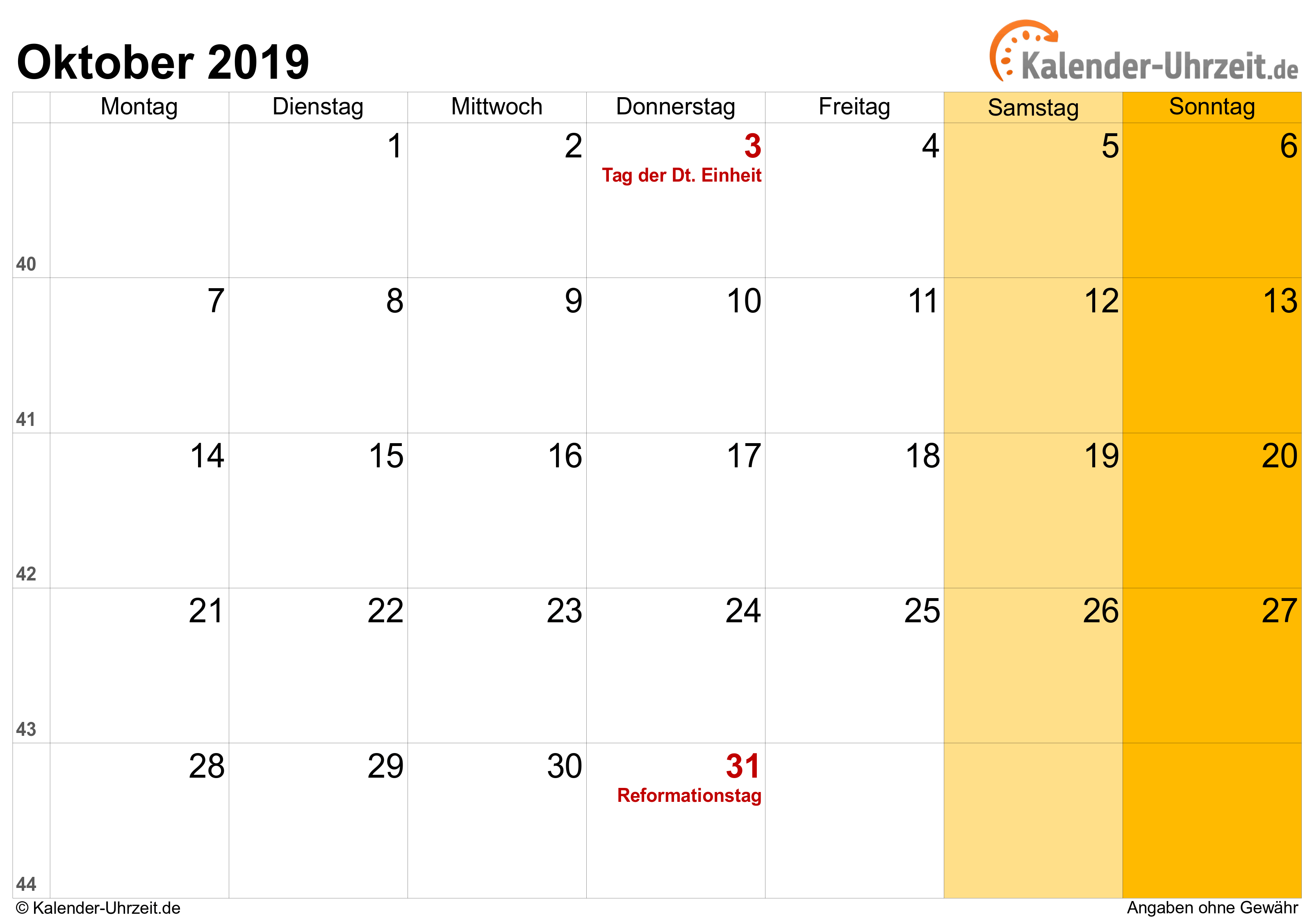 Kalender Oktober 2019 zum Ausdrucken Kalender Oktober 2019 mit Feiertagen