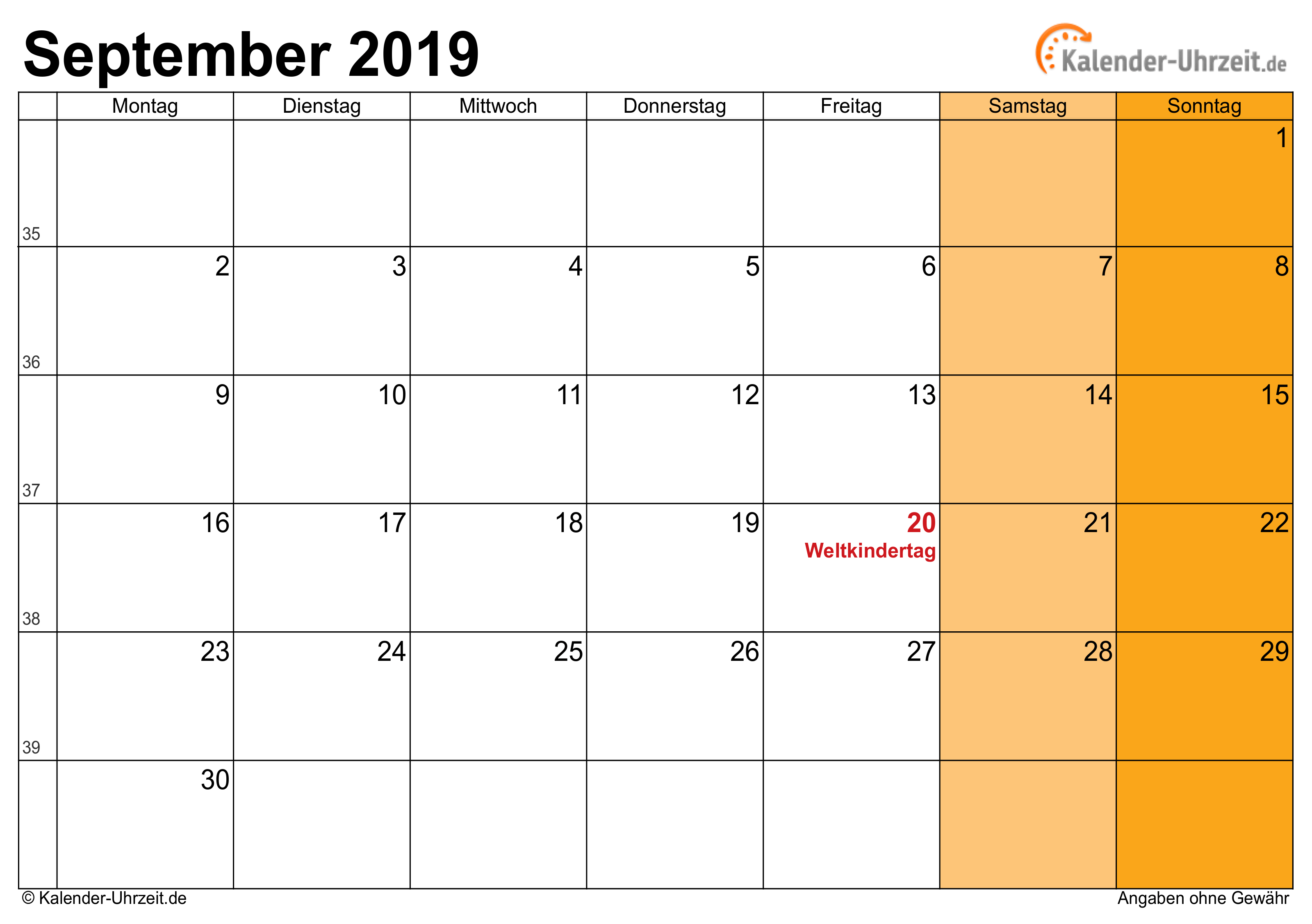 Kalender September 2019 mit Feiertagen